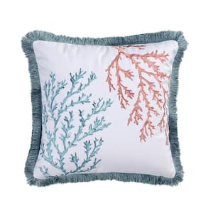 Bay Islands Coral, Blue Teal, White Coral Embroidered with Fringe Trim All Around18 in. x 18 in. Throw Pillow