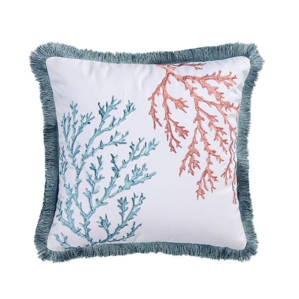 LEVTEX HOME Bay Islands Coral, Blue Teal, White Coral Embroidered with Fringe Trim All Around18 in. x 18 in. Throw Pillow