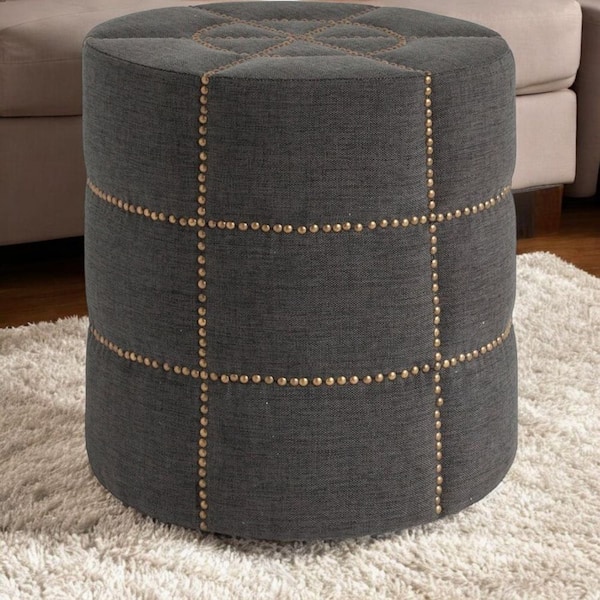 HomeRoots Gray Fabric Round Ottoman