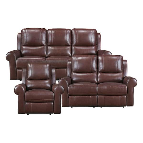 Lazzara Fargo 81.5 in. W Rolled Arm Leather Rectangle 3-Piece Power Reclining Sofa Set in Brown