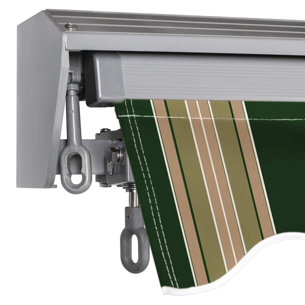 Forest Green and Beige Striped Motorized Patio Awning
