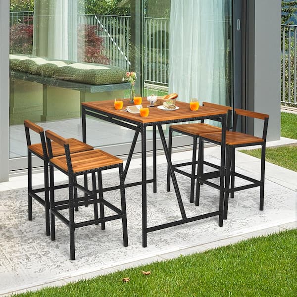 Costway 5-Pieces Patio Rattan Acacia Wood Top Outdoor Bar Stool 