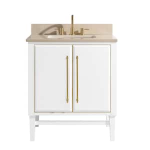 Mason 31 in. W x 22 in. D Bath Vanity in White with Gold Trim with Marble Vanity Top in Crema Marfil with White Basin