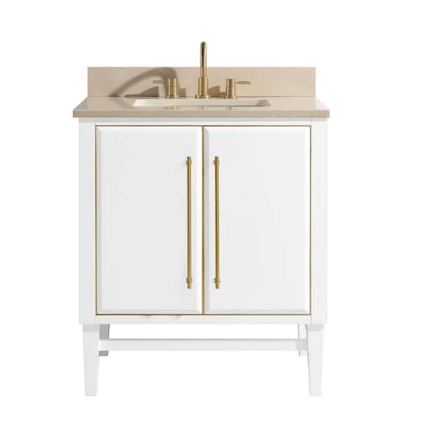 Avanity Mason 31 in. Single Sink White with Gold Trim Bath Vanity with Crema Marfil Marble Top