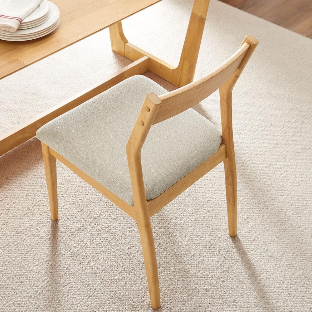 Natural Wood and Beige Upholstered Side Chair with Slat Back