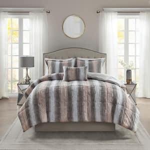 Marselle 4-Piece Blush and Grey Animal Print Faux Fur Polyester King Comforter Set