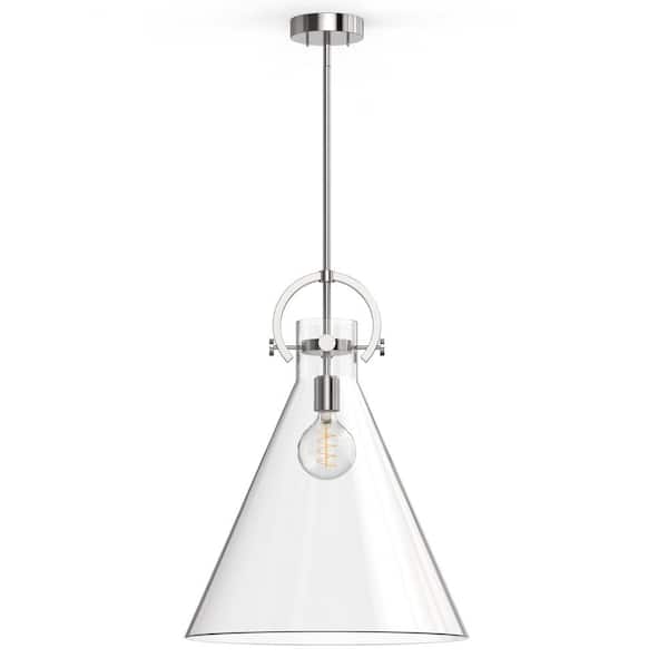 18 in. 1-Light Modern Brushed Nickel Bell Pendant Light with Clear Glass Shade for Kitchen, Dining, or Foyer Spaces