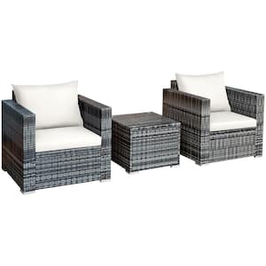 Gray 3-Piece Wicker Square 16 in. Outdoor Bistro Set with White Cushions