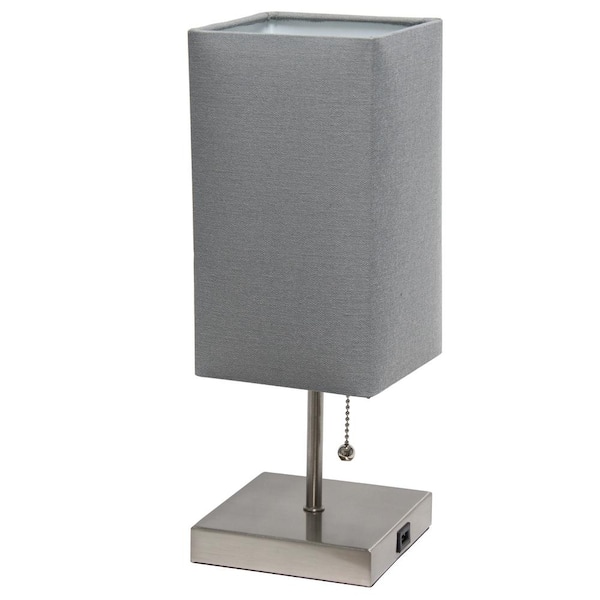 Simple Designs 14.25 in. Brushed Nickel Stick Lamp with USB Charging Port and Gray Fabric Shade