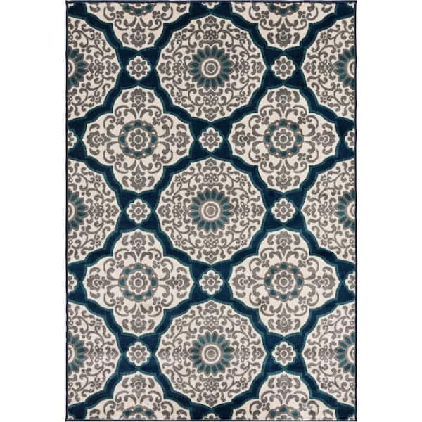 LOOMAKNOTI Tecopa Kamiyarli Blue 6 ft. 7 in. x 9 ft. 6 in. Medallion Polypropylene Indoor/Outdoor Area Rug