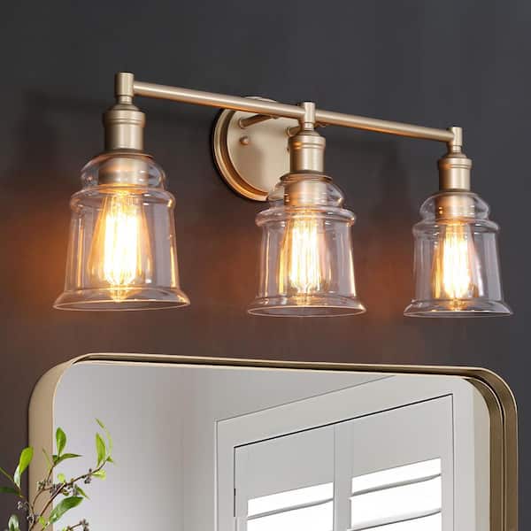 Modern Gold Bathroom Wall Sconce, 23 in. 3-Light Farmhouse Bell Vanity Light with Clear Glass Shades
