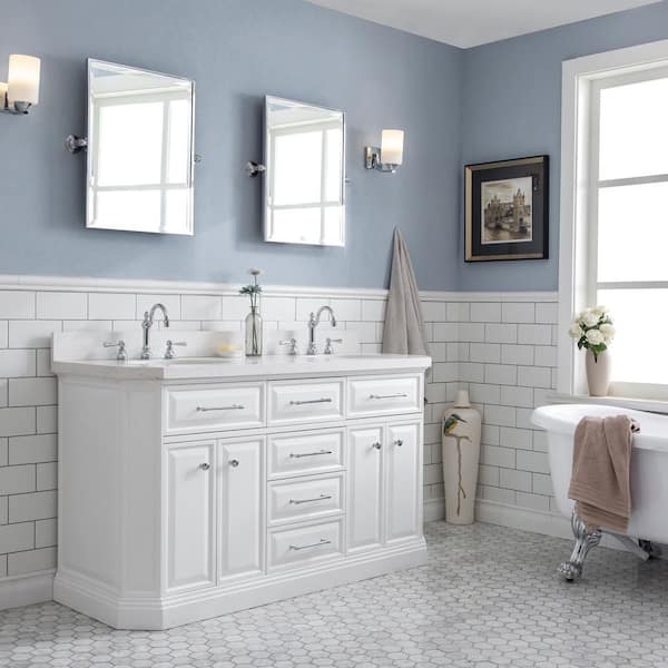 Palace 60 in. W x 22 in. D x 34 in. H Double Sink Bath Vanity in Pure White with Carrara White Quartz Top and Faucets