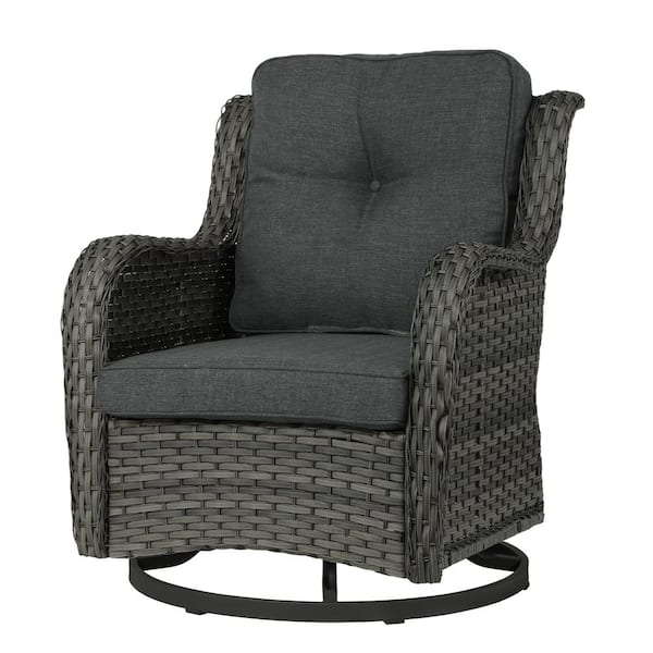 Uixe Wicker Rattan Gray Patio Outdoor Rocking Chair Swivel with Dark Gray Cushions (Set of 1)