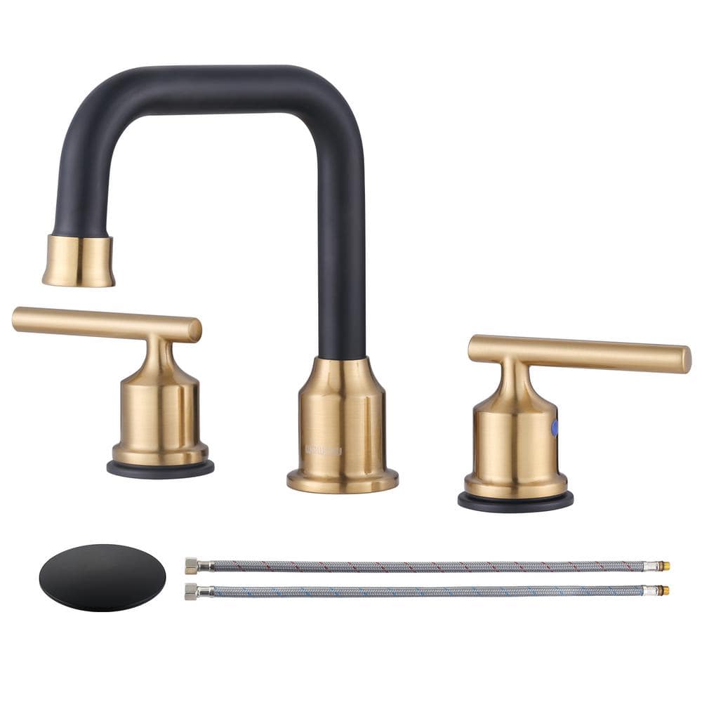 WOWOW 8 In. Wide Spread Double Handle Bathroom Faucet In Black And Gold ...