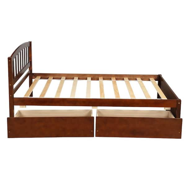 Twin Bed Frame No Box Spring Needed, Walnut Twin Platform Bed Frame with Headboard and Storage Drawers, Modern Wood Twin Bed Frame Bedroom Furniture
