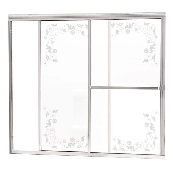 Contractors Wardrobe Model 1100 58 ½ in. x 56 ¾ in. Framed Bypass Sliding Tub Enclosure in Bright Clear with Etched Floral Glass