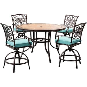 Monaco 5-Piece Aluminum Outdoor High Dining Set with Round Tile-Top Table and Swivel Chairs With Blue Cushions