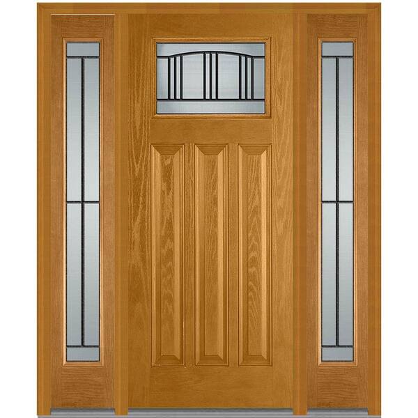 MMI Door 60 in. x 80 in. Madison Left-Hand Inswing 1/4-Lite Decorative Stained Fiberglass Oak Prehung Front Door with Sidelites