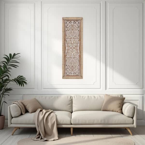Benjara Rectangular White and Brown Mango Wood Wall Panel Art