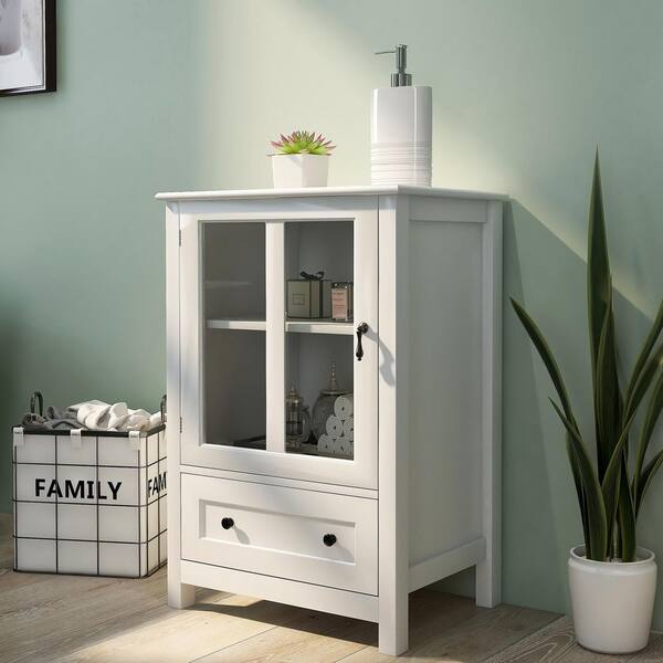 GODEER White Buffet Storage Cabinet with Single Glass Doors and Unique Bell Handle
