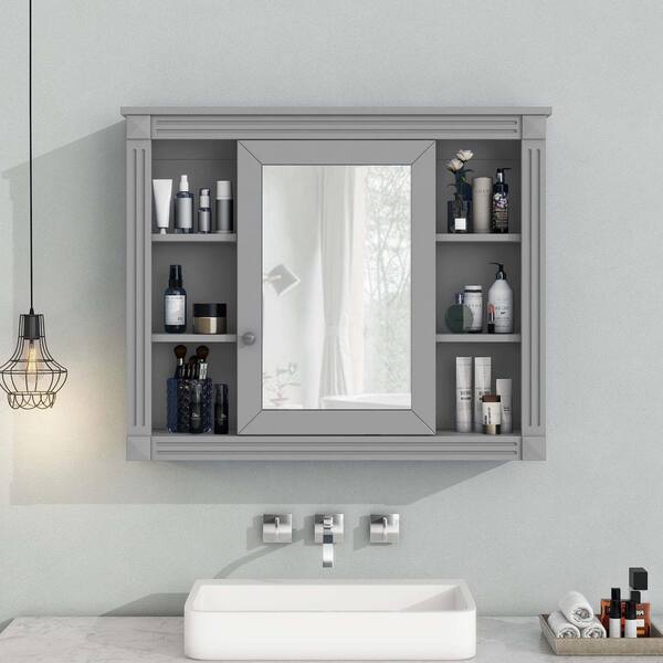 WELLFOR 35-in x 28.7-in Surface Mount Gray Mirrored Soft Close Medicine Cabinet