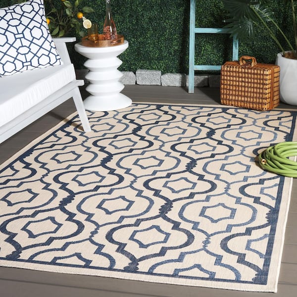 Courtyard Beige/Navy 7 ft. x 10 ft. Floral Trellis Indoor/Outdoor Area Rug