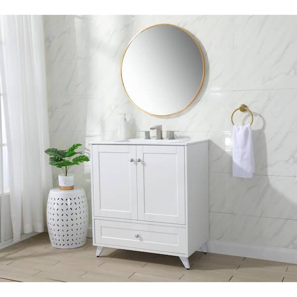 30 in. W x 18 in. D x 34 in. H Freestanding White Bath Vanity with White Ceramic Sink Top with Single sink Unassembled