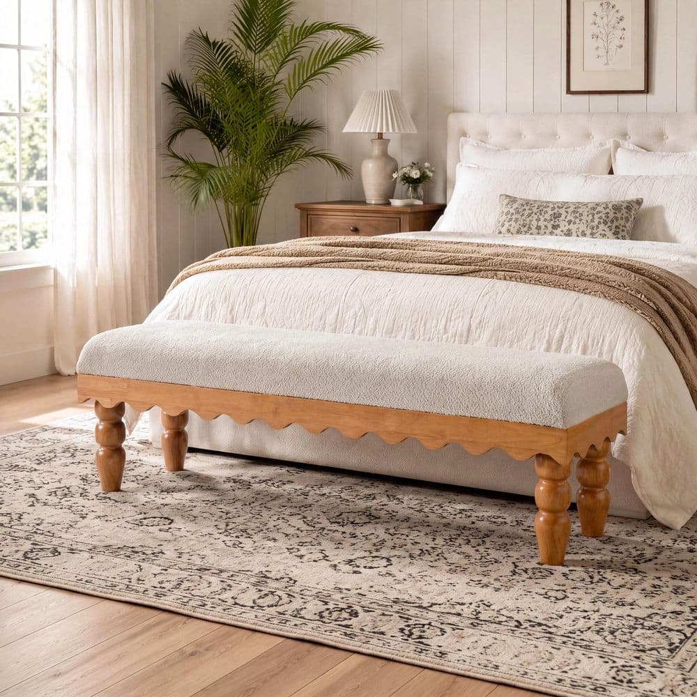 62.3 in. W Beige Boucle Fabric Upholstered Bench with Solid Wood Legs, Wave Pattern Trim