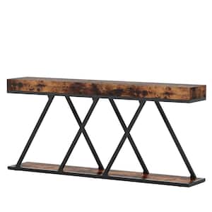 Benjamin 71 in. Rustic Brown Rectangle Wood Console Table with Unique Metal Base, Long Narrow Sofa Table Entryway Table