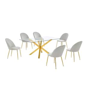 Tom 7-Piece Rectangle Glass Top With Gold Stainless Steel Table Set, 6 Cream Velvet Chair with Nail Head Trim