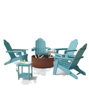 Lake Blue Folding Outdoor Plastic Adirondack Chair with Cup Holder Weather Resistant Patio Fire Pit Chair Set of 4