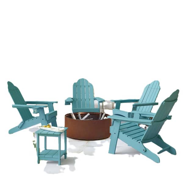 LUE BONA Lake Blue Folding Outdoor Plastic Adirondack Chair with Cup Holder Weather Resistant Patio Fire Pit Chair Set of 4