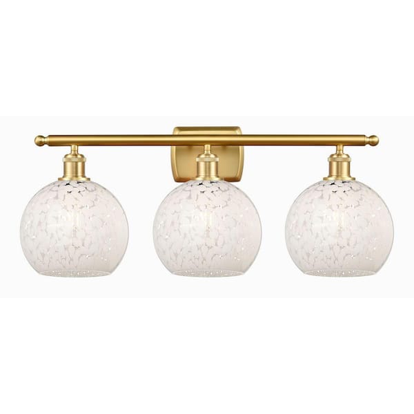 White Mouchette 28 in. 3-Light Satin Gold Vanity Light with Glass Shade