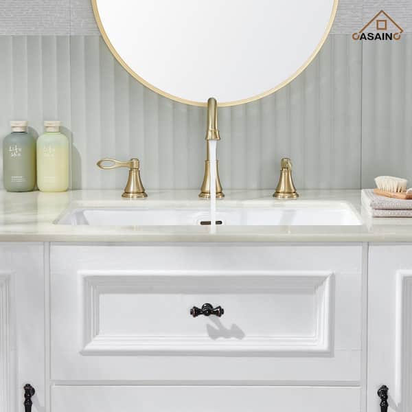 8 in. Widespread Double Handle Bathroom Faucet 3 Holes with 360° Swivel Spout, Stainless Steel Drain in Brushed Gold