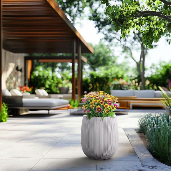 13 in. Medium Crisp White (Enhanced Interior) Concrete Round Planter / Pot with Drainage Holes