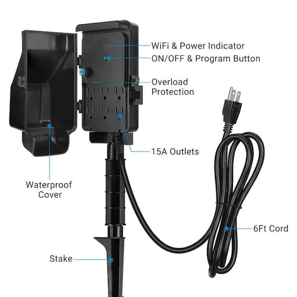 WiFi Outdoor Smart Yard Stake Timer with 6 Outlets, 6 ft. Cord, Remote and Voice Control, Waterproof