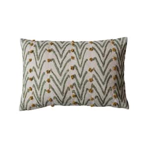 Natural, Green & Mustard Polyester 24 in. x 16 in. Printed Lumbar Throw Pillow with Floral Pattern and French Knots