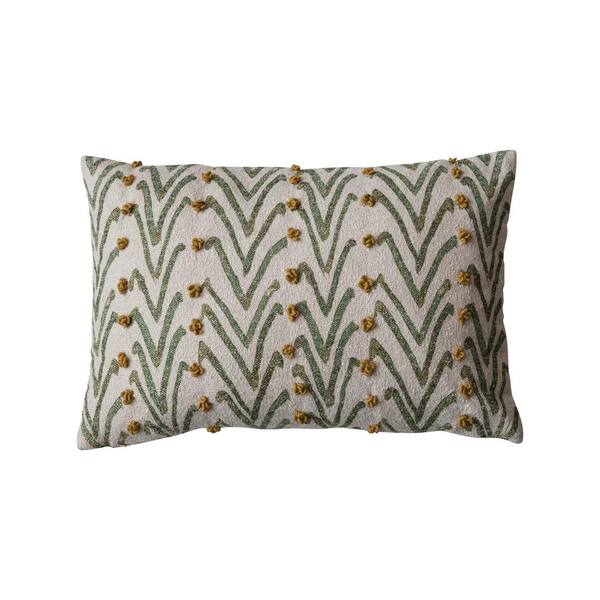 Storied Home Natural, Green & Mustard Polyester 24 in. x 16 in. Printed Lumbar Throw Pillow with Floral Pattern and French Knots