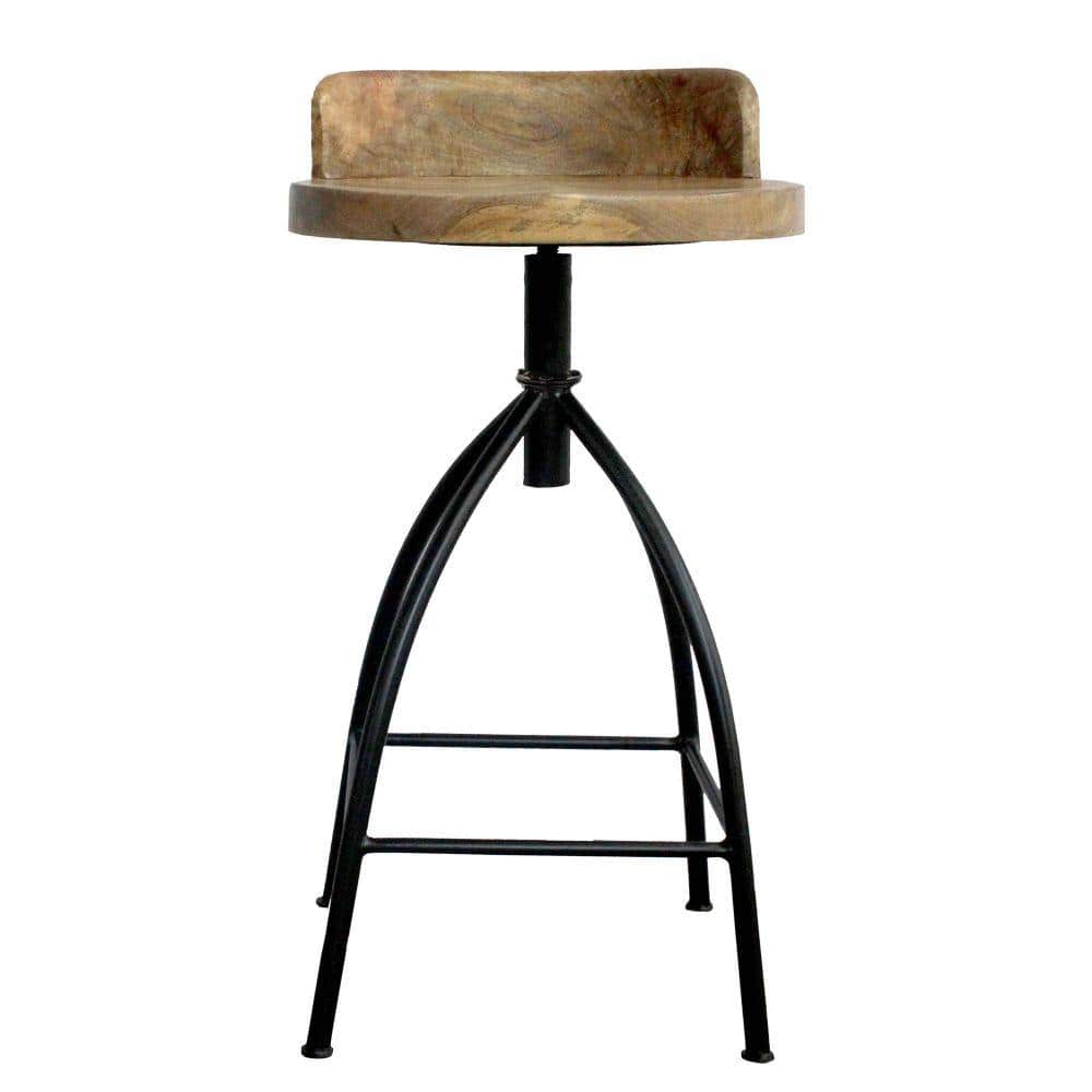 Adjustable Brown Mango Wood and Black Iron Swivel Bar Stool
