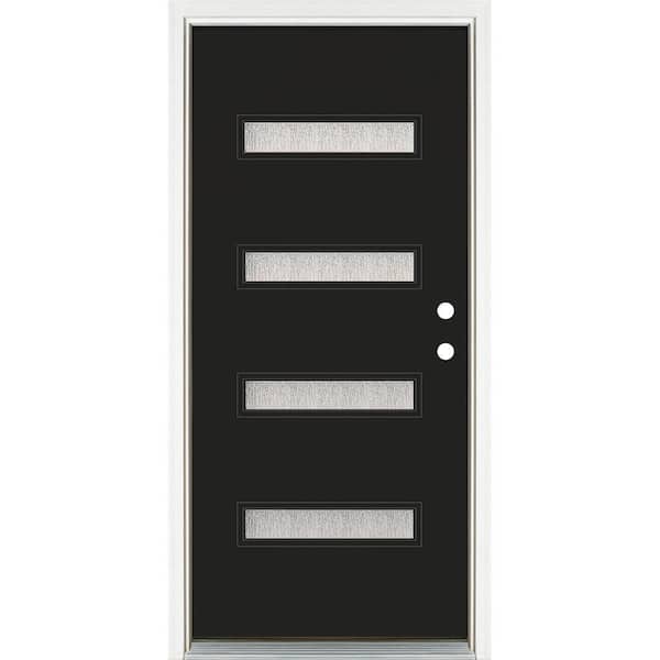 36 in. x 80 in. Left-Hand Inswing 4 Lite Water Wave Glass Black Finished Fiberglass Prehung Front Door
