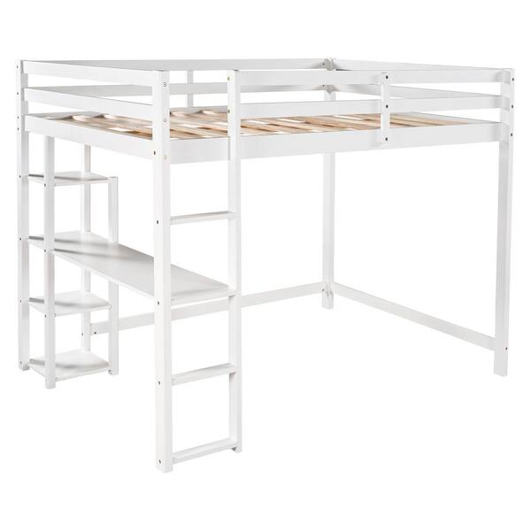 Qualfurn White Full Size Loft Bed With Built In Desk And Shelves Wmkb