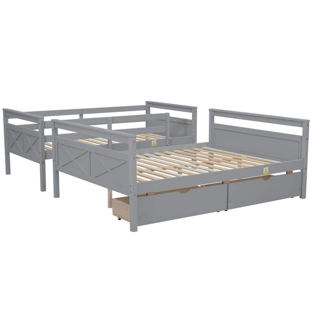 Gray Twin Over Full Pine Wood Bunk Bed with Storage Drawers