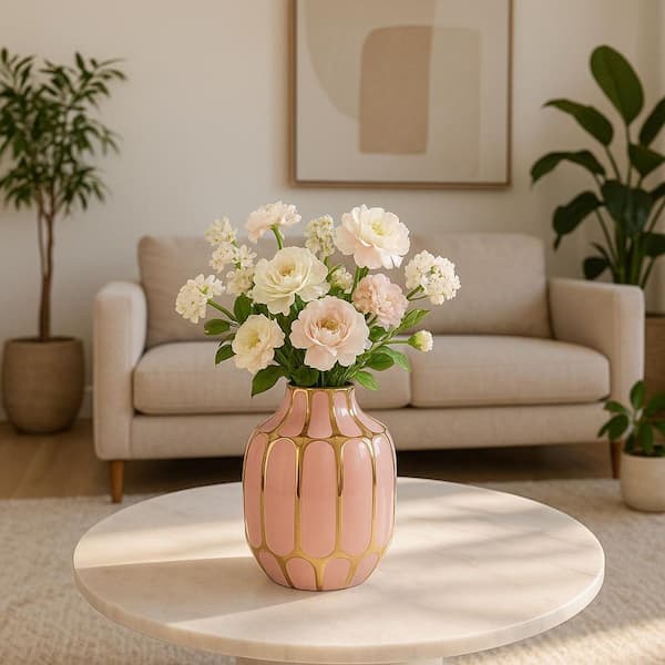 Liv & Skye 8 in. Pink/Gold Ceramic Bud Modern Decorative Vase