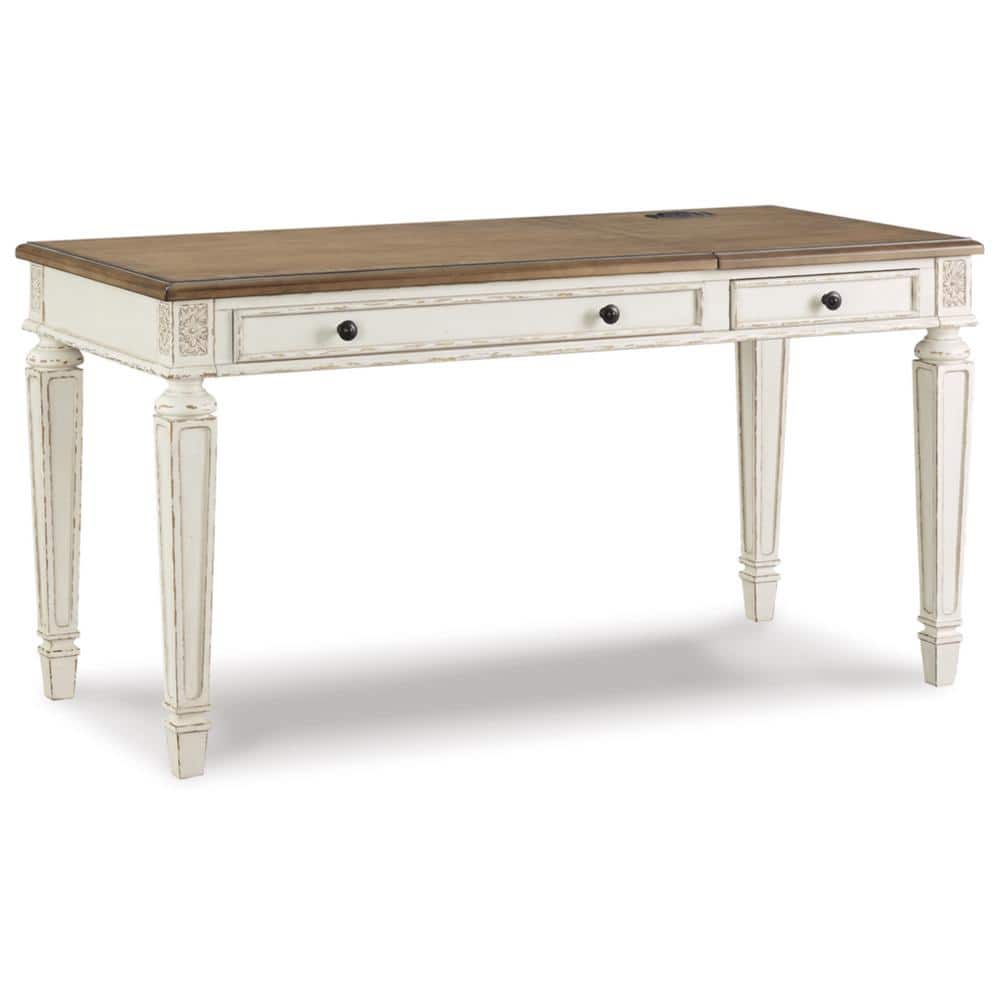 Rustic White & Brown Home Office Desk with Power Outlets and USB Ports