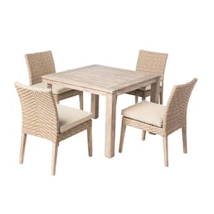 4-Piece Armless and 40 in Square Wood Outdoor Dining Set Table with Brown Cushion and Umbrella