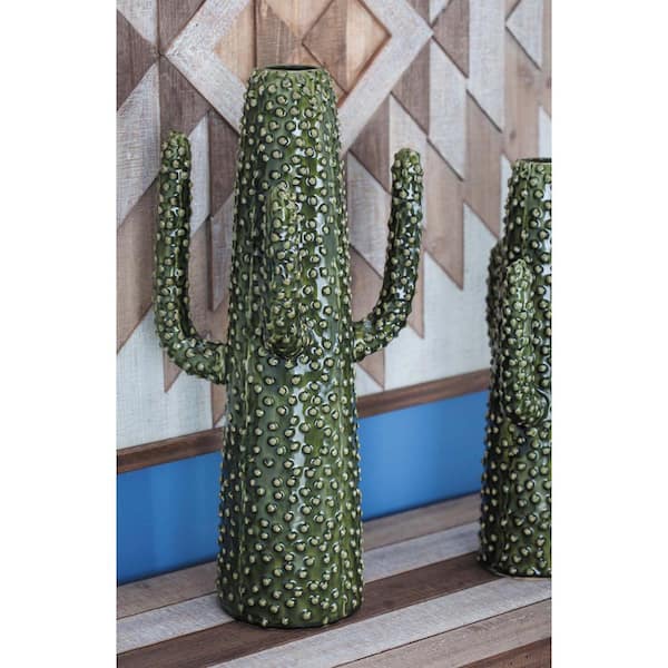 Litton Lane 20 in. Glazed Green Ceramic Cactus-Shaped Decorative Vase