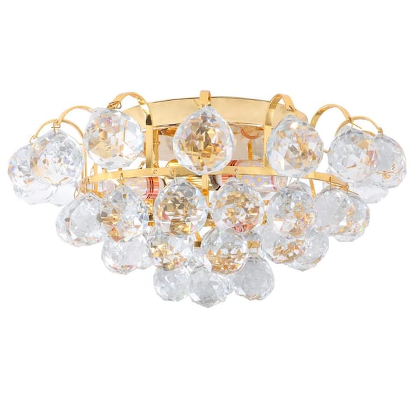 LamQee 15.7 in. 3 Light Golden Semi-Flush Mount Modern Chandelier with Crystal Hanging Raindrops