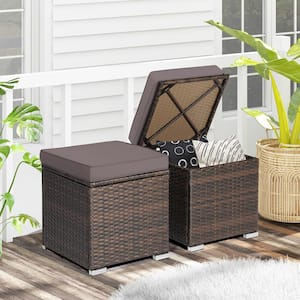2-Piece Wicker Outdoor Patio Ottomans Hand-Woven PE Wicker Footstools with Removable Grey Cushions