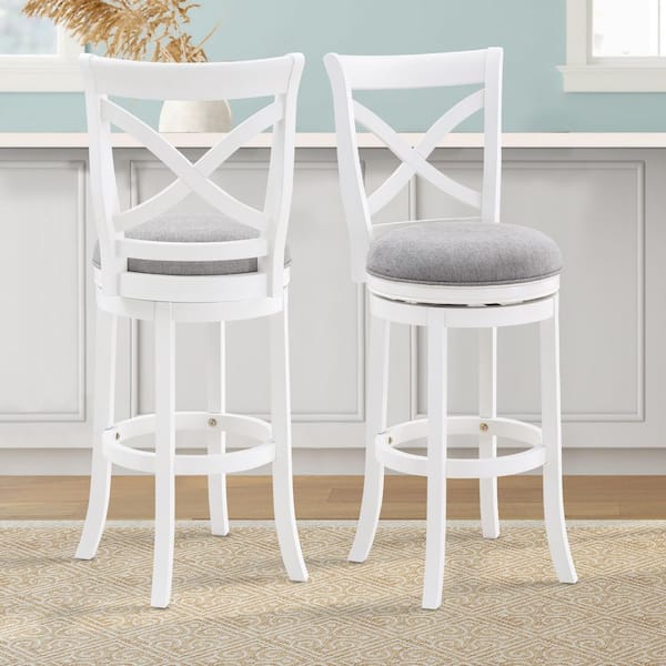 Belmont 45 in. High White X-Back Wood 30 in. Seat Height Bar Stool with Light Gray Fabric Seat