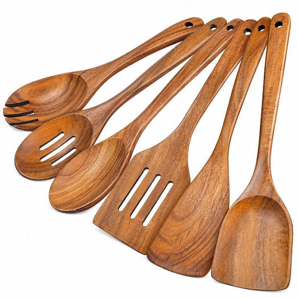 6-Piece Natural Teak Wooden Cooking Utensil Set with Long Comfortable Grip Handles for Non-Stick Cookware